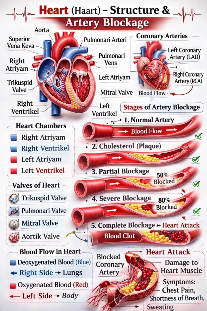 “Heart Attack: Heart Structure and Artery Blockage Diagram”