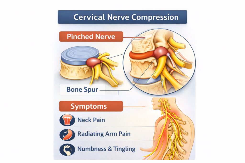 Cervical disc problems diagram illustrating normal disc, herniated disc, bulging disc, thinning disc and bone spurs with wear and tear.”