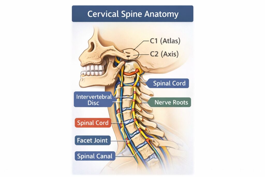 Cervical spine anatomy showing C1 to C7 vertebrae, spinal cord, nerve roots, intervertebral discs and facet joints – detailed neck structure diagram.”