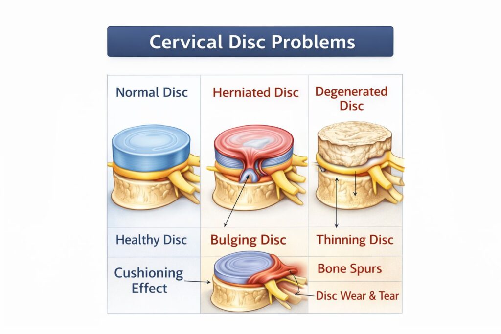 Cervical nerve compression illustration showing pinched nerve, bone spur and symptoms like neck pain, radiating arm pain, numbness and tingling.”